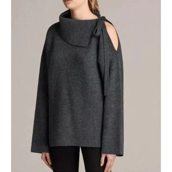 AllSaints Sura Tie Neck Open Shoulder Wool Blend Dark Grey Sweater Medium‎ - Picture 1 of 6